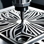 **Close-up of a CNC machine engraving intricate details into a metal plate. Focus on the cutting tool and the metallic shavings, highlighting the precision and detail.**