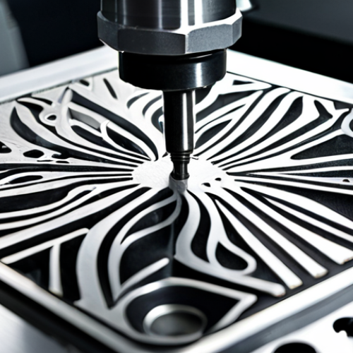 Home 15 **Close-up of a CNC machine engraving intricate details into a metal plate. Focus on the cutting tool and the metallic shavings, highlighting the precision and detail.**