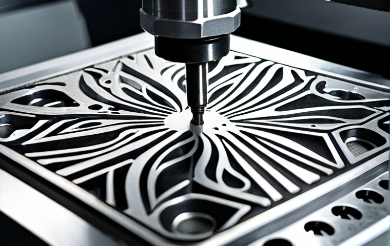 **Close-up of a CNC machine engraving intricate details into a metal plate. Focus on the cutting tool and the metallic shavings, highlighting the precision and detail.**