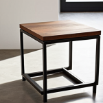 **Minimalist side table:** A sleek, minimalist side table made of square steel tubing, with a wooden top. The setting is a modern Spanish apartment with natural light. Focus on clean lines and the interplay of metal and wood.