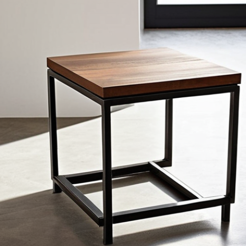 Home 14 **Minimalist side table:** A sleek, minimalist side table made of square steel tubing, with a wooden top. The setting is a modern Spanish apartment with natural light. Focus on clean lines and the interplay of metal and wood.