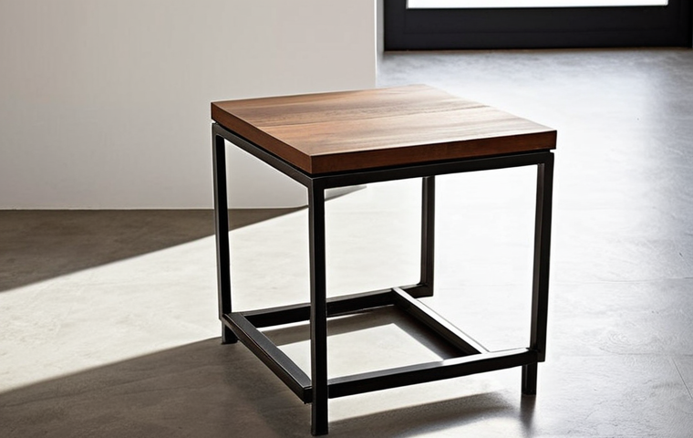 **Minimalist side table:** A sleek, minimalist side table made of square steel tubing, with a wooden top. The setting is a modern Spanish apartment with natural light. Focus on clean lines and the interplay of metal and wood.
