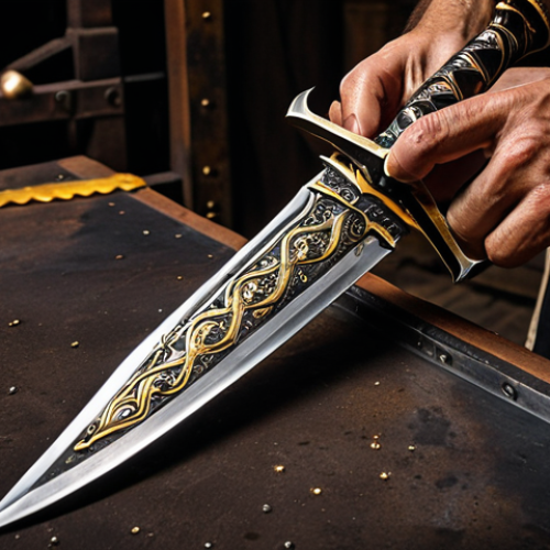 "Close-up of a Toledan swordsmith meticulously damascening a steel blade with intricate gold and silver inlays. The workshop is dimly lit, showcasing the contrast between the dark steel and the gleaming precious metals. Authentic Spanish setting."