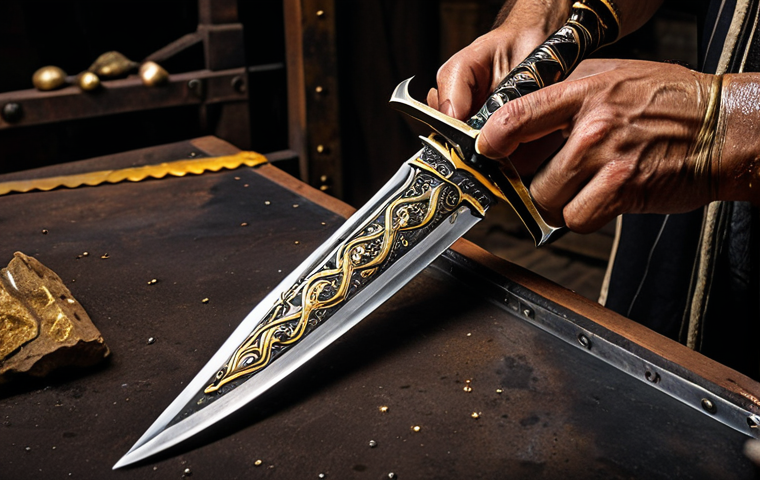 "Close-up of a Toledan swordsmith meticulously damascening a steel blade with intricate gold and silver inlays. The workshop is dimly lit, showcasing the contrast between the dark steel and the gleaming precious metals. Authentic Spanish setting."