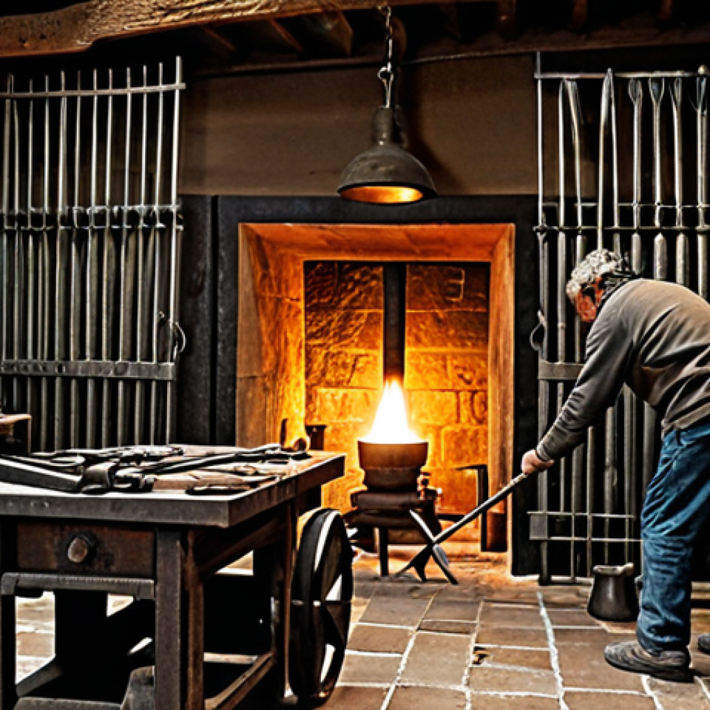 Traditional Forge Scene**

"An experienced Spanish artisan in a traditional blacksmith shop, forging a decorative iron gate. The scene is filled with warm light from the forge, highlighting the craftsman's focused expression. The shop contains a variety of hand tools, including hammers, tongs, and chisels. Emphasize the textures of the metal and the rustic charm of the workshop.  Professional photography, high detail, safe for work, fully clothed, appropriate attire, modest, family-friendly, perfect anatomy, natural proportions."

**