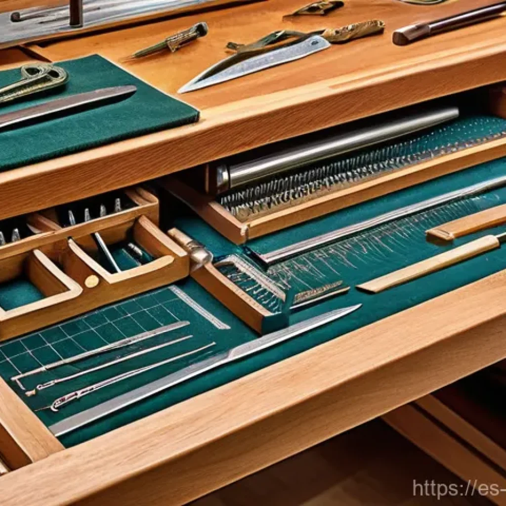 금속공예 작업대 세팅 - A close-up, highly detailed shot of a meticulously organized goldsmith's workbench, crafted from stu...