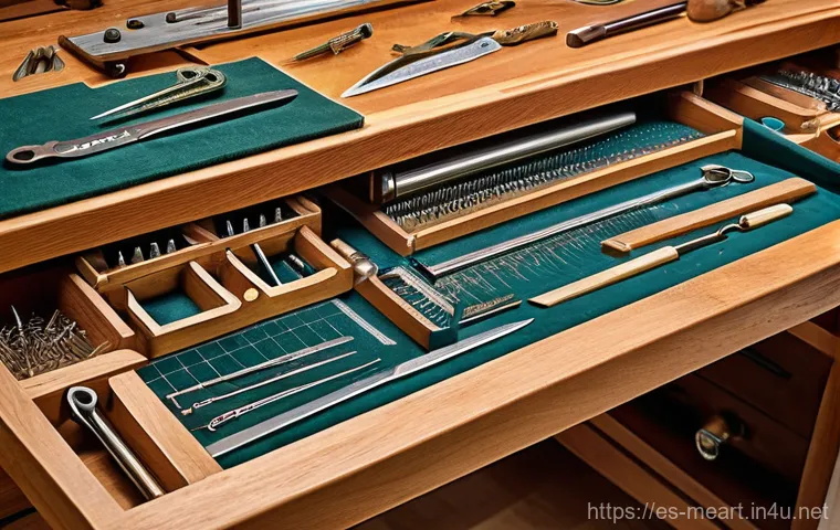 금속공예 작업대 세팅 - A close-up, highly detailed shot of a meticulously organized goldsmith's workbench, crafted from stu...