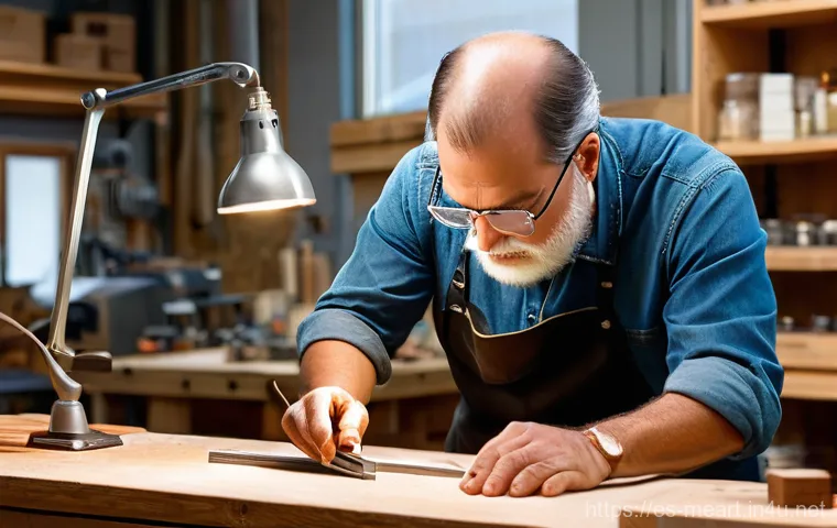 금속공예 작업대 세팅 - A close-up, highly detailed shot of a meticulously organized goldsmith's workbench, crafted from stu...