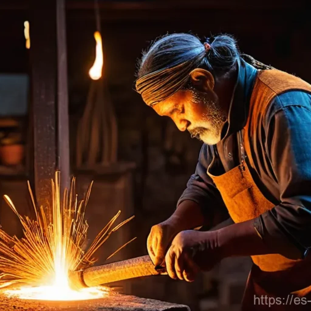 금속공예와 미술사 - **Prompt 1: The Ancient Art of the Forge** A highly detailed, cinematic photograph capturing an ...