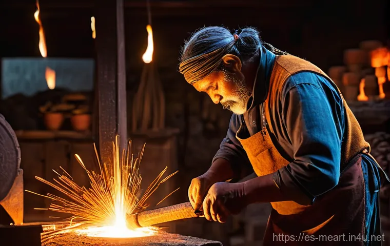 금속공예와 미술사 - **Prompt 1: The Ancient Art of the Forge** A highly detailed, cinematic photograph capturing an ...