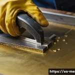 황동 세공 기초 - A detailed close-up of a craftsman&rsquo;s hands wearing protective gloves, carefully cutting a shiny yell...