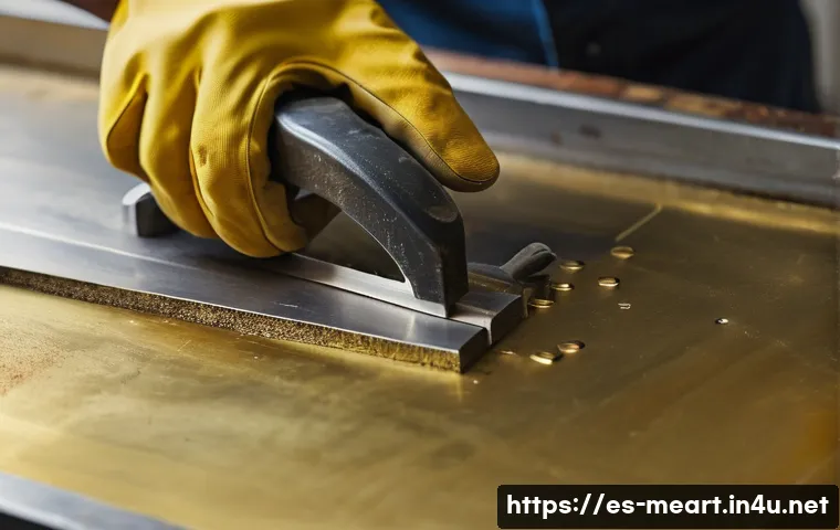 황동 세공 기초 - A detailed close-up of a craftsman&rsquo;s hands wearing protective gloves, carefully cutting a shiny yell...