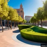 금속공예와 건축 디자인 - A vibrant urban plaza in Barcelona showcasing innovative metal architecture with dynamic, color-chan...