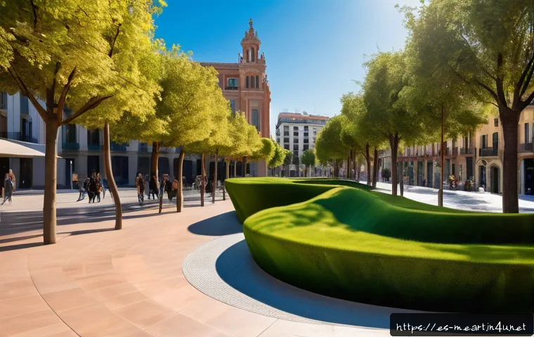 금속공예와 건축 디자인 - A vibrant urban plaza in Barcelona showcasing innovative metal architecture with dynamic, color-chan...