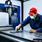 CNC 금속 조각 기술 - A high-tech CNC metal engraving workshop showcasing an advanced machine with a large 1200 x 800 mm w...