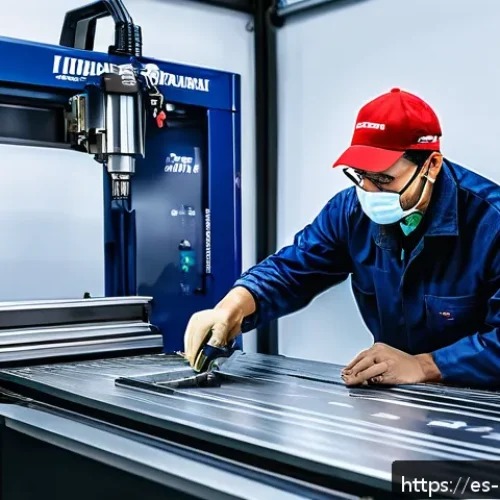CNC 금속 조각 기술 - A high-tech CNC metal engraving workshop showcasing an advanced machine with a large 1200 x 800 mm w...