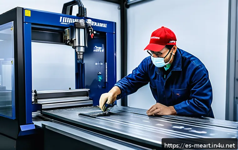 CNC 금속 조각 기술 - A high-tech CNC metal engraving workshop showcasing an advanced machine with a large 1200 x 800 mm w...