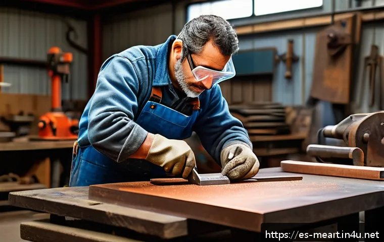 금속공예 관련 책 추천 - A skilled artisan in a well-organized metalworking workshop, wearing protective gloves, safety goggl...