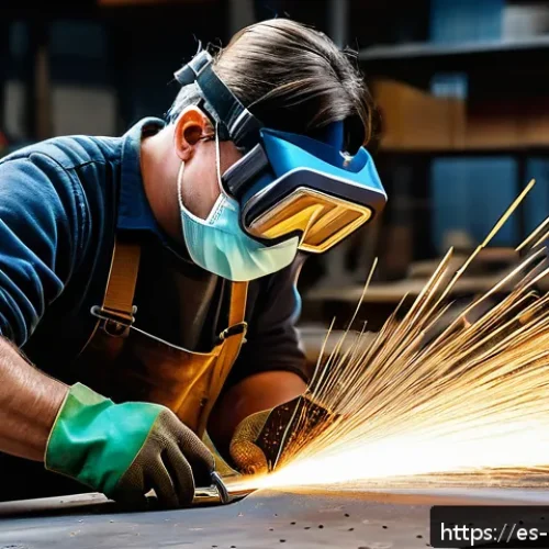 금속 절단 및 연마 기술 - A skilled craftsman in a well-organized workshop, wearing protective goggles, gloves, and a dust mas...