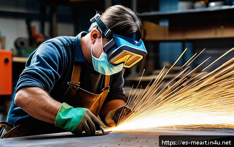 금속 절단 및 연마 기술 - A skilled craftsman in a well-organized workshop, wearing protective goggles, gloves, and a dust mas...