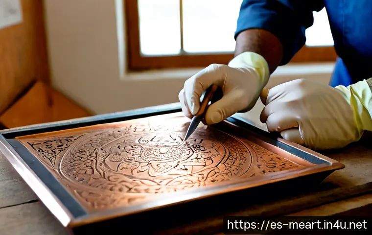 Home 17 에칭 기법 활용법 - Photorealistic close-up of an artisan demonstrating metal etching on a small copper plate in a brigh...